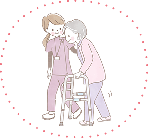 リハビリ中のスタッフと高齢者イラストイメージ